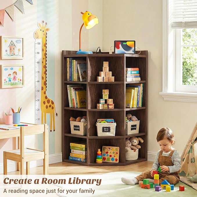 Aheaplus Corner Cube Book Shelf, 5-Tier Corner Cabinet with Power Outlets, Corner Cube Storage Shelf with Top Table, Wooden L Shaped Cubby Bookcase for Home Office, Bedroom, Living Room, Black Walnut
