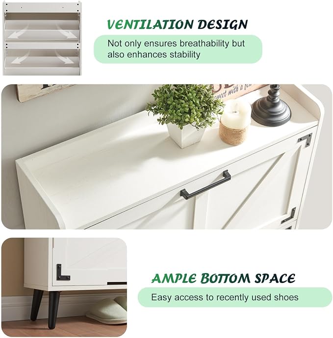 Barnyatoh Shoe Storage Cabinet with 2 Flip Drawers, Farmhouse Hidden Shoe Organizer, Narrow Slim Shoe Rack Cabinet for Entryway Hallway,Antique White