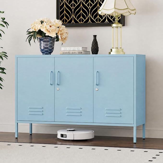 32" Blue 3 Door Lockable Metal Cabinet, Freestanding Heavy Duty Storage Locker with Adjustable Shelves for Home Office Kitchen Living Room