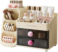 UFORU Makeup Organizer for Vanity with Brush Holder, Large Capacity Bathroom Countertop Skincare Organizer with 2 Drawers, Cosmetic Display Case for Perfumes, Eyeshadow Palettes, Nail Polishes