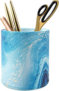Marble Pen Holder for Desk, Pencil Organizer Office Decor, Large Makeup Brush Holder Pu Leather Multi-Functional Organizer Cup for Office, Home, Classroom, Blue Marble