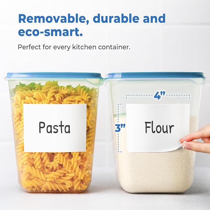 MESS Removable Food Labels for Containers (48-Pack) 3x4 Erasable Kitchen Labels for Organizing, Freezer & Fridge, White Dry Erase Labels for Jars