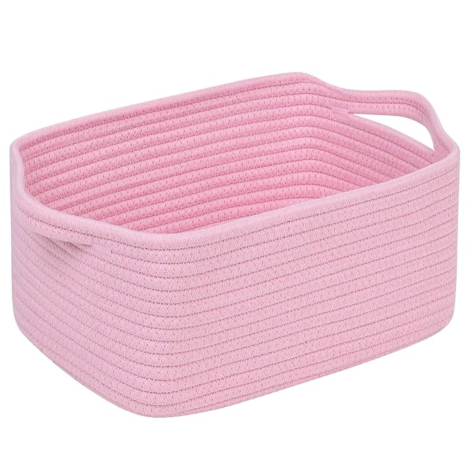 CubesLand Cube Storage Organizer Basket Bin, Cotton Rope Shelves Basket | Durable Woven Rectangular Shelf Basket for Organizing, Nursery Toys Basket, Pink Basket