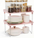 STARLATTA 2 Pcs Cabinet Organizer Shelf，Stackable Kitchen Counter Shelves, Spice Rack,Countertop Organizers，Pink Plastic Storage Shelves Rack for Makeup，Bathroom, Cupboard，Desk，Pantry Organization