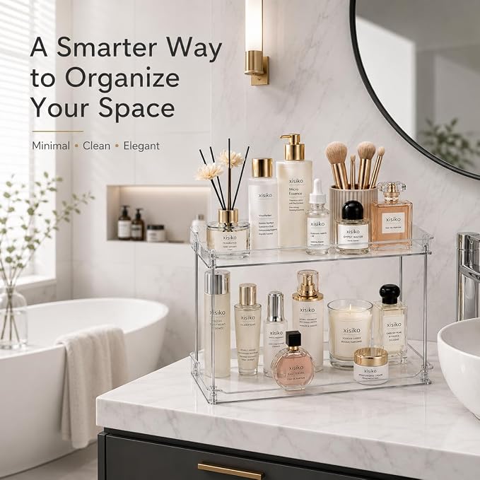 2 Tier Clear Bathroom Counter Organizer, Vanity Organizer for Skincare Makeup Perfume, Multi-Purpose Storage Shelf for Bathroom Kitchen Bedroom