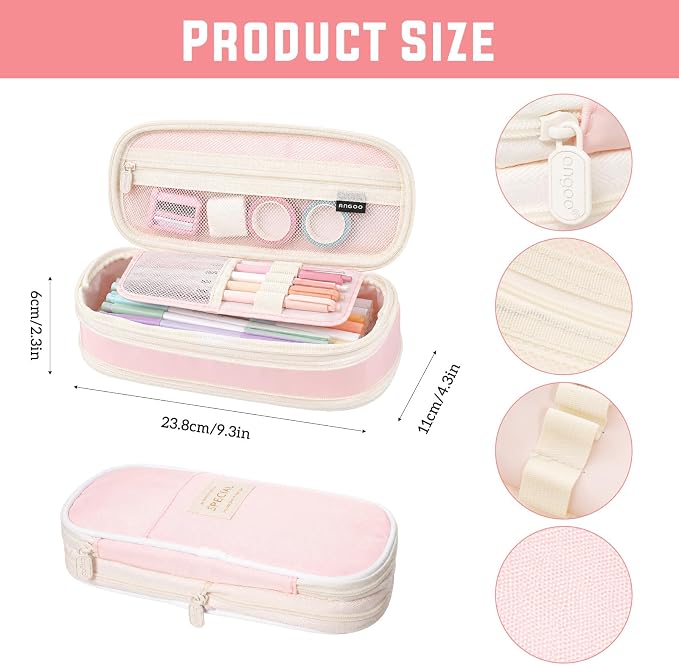 Large Capacity Pencil Case Pencil Bag with Zipper Pencils Pouch Organizer | Pink, Portable, Sturdy Zipper, Office College Stationery, Aesthetic Pen Bag, Multiple Pockets, Storage Travel Holder Box