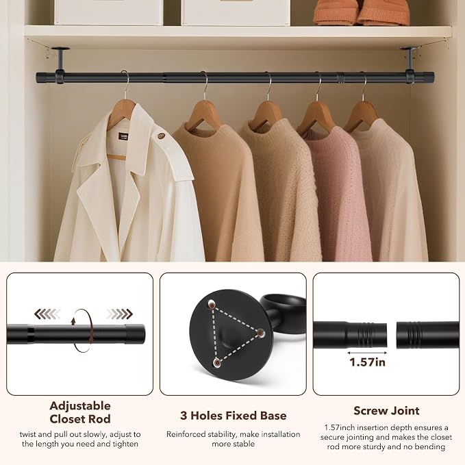 SUTINE Closet Rod, Closet Rods for Hanging Clothes, 17 to 67 inch Adjustable Ceiling/Wall mounted Closet Hanging Rod, Heavy Duty Clothes Rod Clothing Bar, Closet Poles for Hanging Clothes for Wardrobe