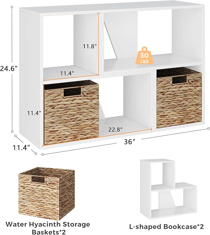 MapleGrace 6 Cube Storage Organizer, Wooden Storage Shelves Bookcase with Back Panels, Stackable Display Bookshelf Includes 2 Wicker Baskets for Living Room, Bedroom, Study, Hallway, White