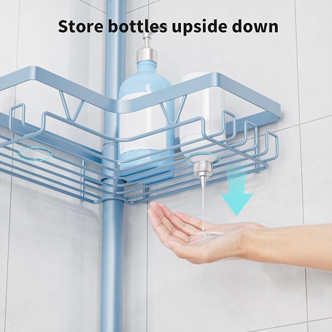 KEGII Shower Caddy Tension Pole, 4-Tier Rustproof Adjustable Corner Bathroom Organizer for Renters, 25–114.2 Inch No Drill Space-Saving Shower Storage Rack, Blue
