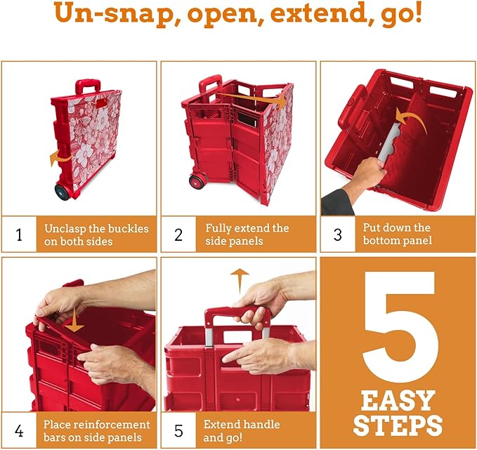 Inspired Living Ultra-Slim Rolling Collapsible Storage Pack-N-Roll Utility-carts, with Telescopic Handle, for Home, Garden, Shopping, Office, School use, Large, Red, White Flower Print