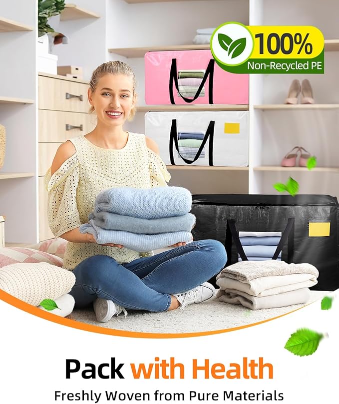 Extra Large Moving Bags, 4 Pack Heavy Duty Storage Bags Boxes Bins Totes with Hnadles Zippers Visible Window for Clothes College Dorm Travel, Black