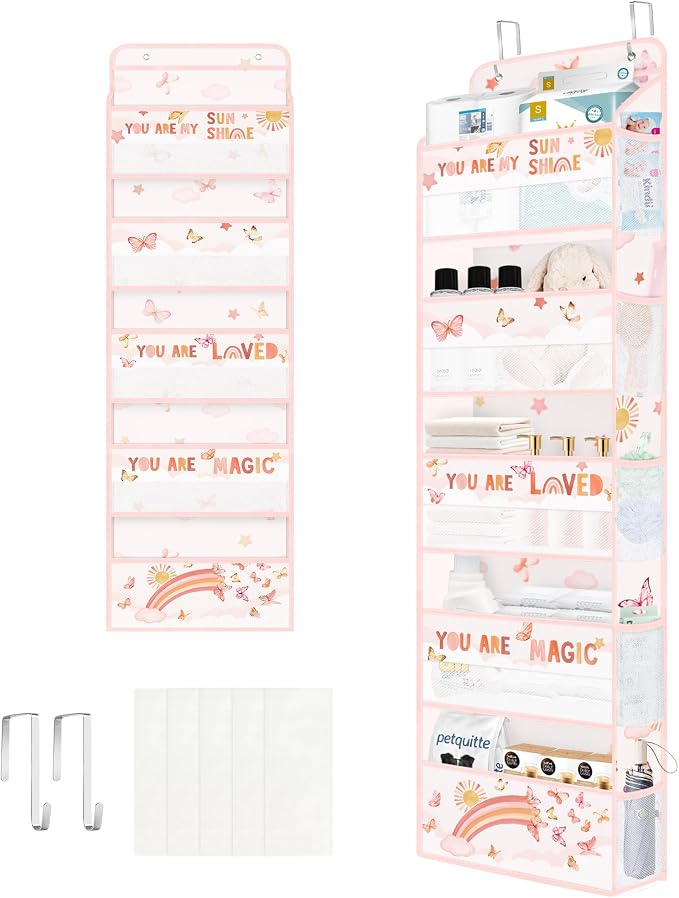 Clastyle Over the Door Organizer Diaper Toy Nursery Hanging Shelf, Rainbow | Cloud Butterfly, 5-Tier Clear Window Mesh Pocket 44 lbs Weight Capacity, Behind Door Storage, Bedroom Bathroom Closet Pantry
