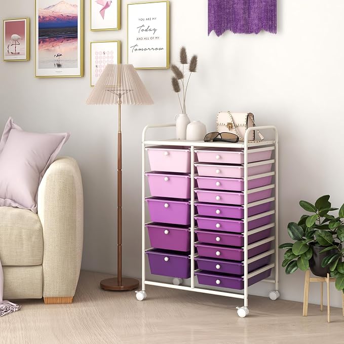 BECOMFORT 15-Drawer Rolling Cart with Drawers, Storage Cart on Wheels, Teacher Classroom Organizers with Metal Frame, Mobile Craft Cart for Tools, Trolley Utility Cart for School Office Play Room
