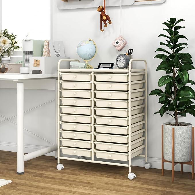 GOFLAME 20-Drawer Rolling Storage Cart, Multifunctional Art Craft Organizer, Mobile Utility Storage with Removable Drawers & Lockable Wheels, Craft Cart for Home Office, White