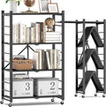 Fenbeli Foldable Shelves with Wheels - 4 Tier Folding Shelf, Collapsible No Assembly Metal Shelving Unit, Origami Storage Shelves & Rolling Storage Rack with 8 Hooks for Kitchen Pantry Garage