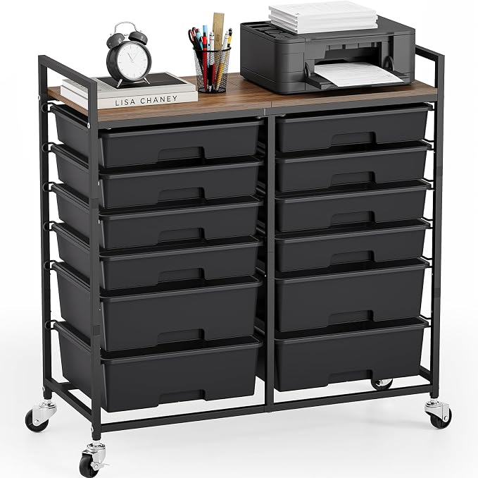 Rolling Storage Cart with 12 Drawers, Wooden Tabletop Utility Cart for Craft Storage, Art Supply Storage & Home Office Organization, Teacher Cart with Wheels for Classroom, School (Black)