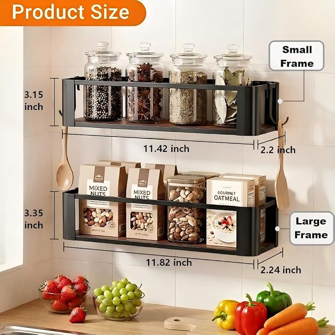 Wall Mounted Spice Rack, Black, 2 Pack | 2 Hooks Included, Screw or Adhesive Installation, For Stove Cabinet Pantry Door, Kitchen and RV Use
