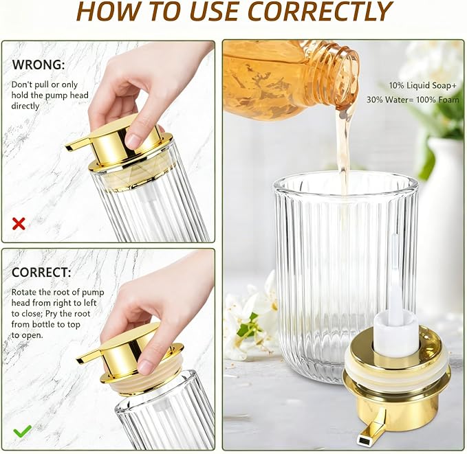 Glass Foaming Soap Dispenser Refillable Foaming Hand Soap Dispenser with Gold Large Pump Wide Opening for Bathroom Kitchen Countertop Modern Home Decor with Elegant Pattern - Clear,415ml