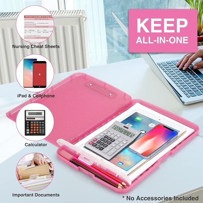 Sooez Glitter Clipboard with Storage, High Capacity Clip Boards 8.5x11 with Pen Holder, Cute Clipboards with Low Profile Clip, Sparkle Plastic Organizer Case Box for Women & Kids, Side Opening