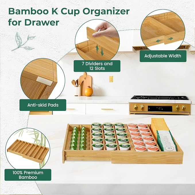 EsLuker.ly Bamboo Coffee Pod K Cup Holder Organizer for Drawer Insert Counter, Expandable Coffee Tea Storage Tray Compatible with Nespresso Vertuo Capsules - Easy Access for Office Home Kitchen