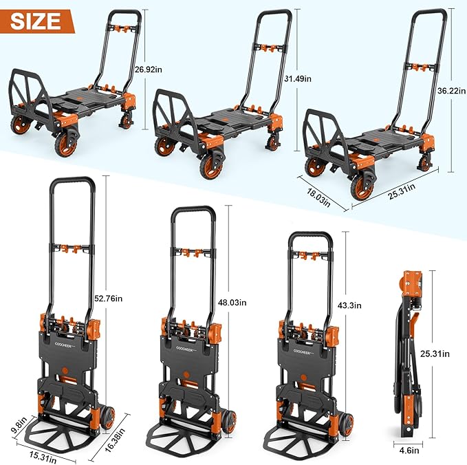 330LB Folding Hand Truck Heavy Duty Carrying, Combination of Four Wheels and Two Wheels Convertible Dolly Cart with Retractable Handle Dolly for Moving Office Carts(Orange)