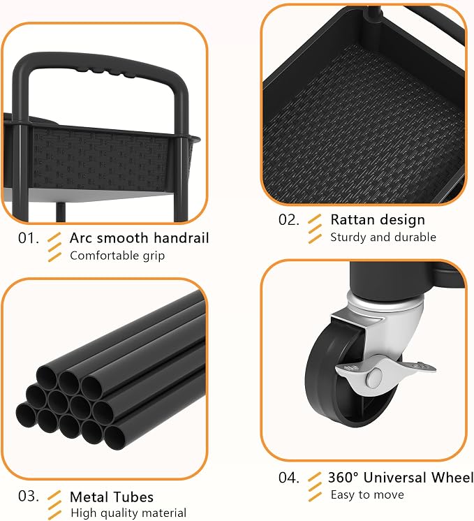 MOYIPIN 3-Tier Plastic Rolling Utility Cart with Handle,Utility Storage Cart for Office, Living Room, Kitchen,Movable Storage Organizer Shelves,Black