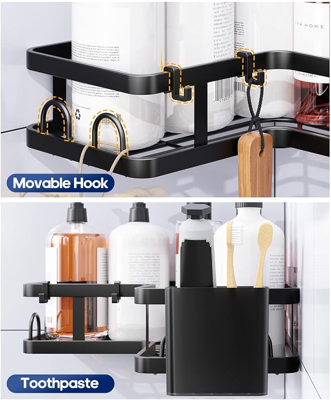 3 Pack Corner Shower Shelves, Rustproof Shower Organizer Caddy | No Drilling Shower Organizer Corner Exclusively for 90 Degree Right-Angle Walls with Hooks and Toothpaste Holder, Black