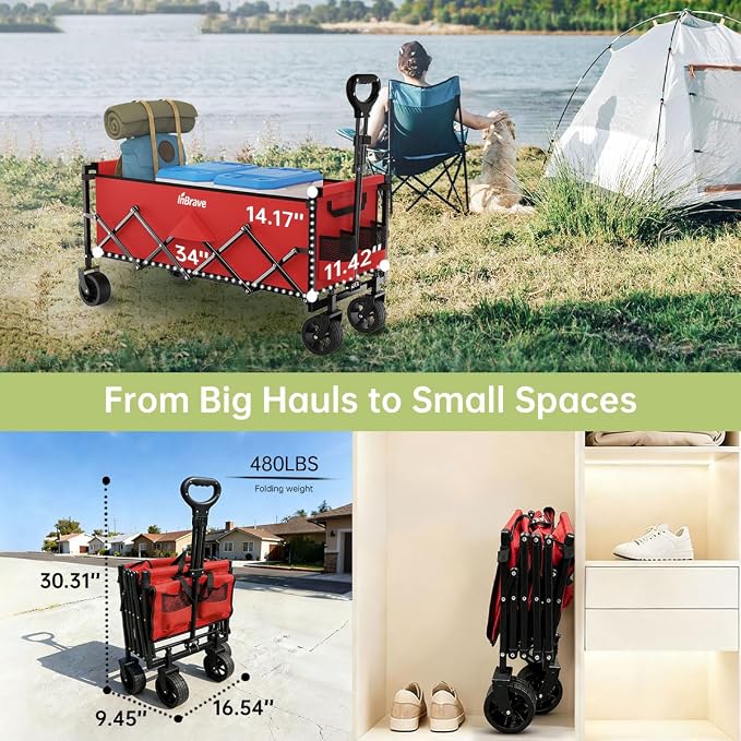 Extra Long Collapsible Wagon Cart, 480LBS Heavy Duty Utility Wagons with All-Terrain Wheels, Foldable Grocery Carts for Gardening, Shopping, Beach, Camping, Cherry Red