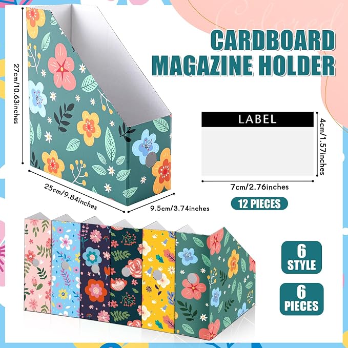 PerKoop 6 Pcs Decorative Magazine File Holders Floral Foldable File Folders Magazine Storage Boxes Rack Desk Organizer Documents with Printable Labels for School Office Home (Floral Design)