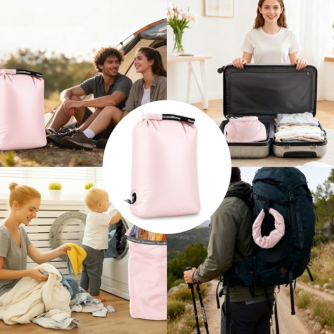 Travel Compression Laundry Bag, Pump-Free Vacuum Space Saver Bag for Dirty Clothes, Reusable Waterproof Wet Dry Bag, Travel Laundry Bag for Luggage, Packing, Suitcase (1 Pcs)（Pink, M)