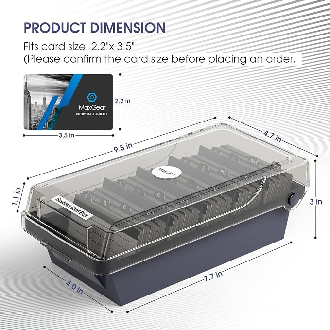 MaxGear Business Card Holder Desk, Large Plastic Business Card Box with Lid | Credit Cards Organizer Box for Office, File Storage Holds Up to 500 3.5” x 2.2” Cards, with Dividers A-Z Index Tabs, Gray
