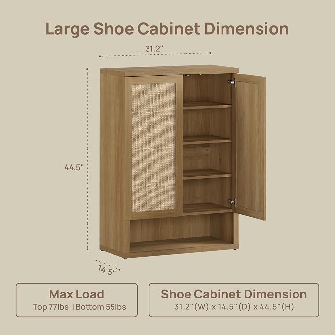 SICOTAS 31.2" Wide Rattan Shoe Storage Cabinet for Entryway with 2 Doors | Rattan Shoe Cabinets with Doors, Tall Shoe Storage Organizer and Display Cabinet for Entryways, Hallways, and Living Rooms