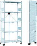 WORKPRO 5-Tier Folding Shelf, No-Assembly Metal Storage Rack with Wheels, 750 lbs Capacity (with Leveling Feet), Collapsible Shelving Unit for Kitchen, Pantry, Closet & Craft Shows - Blue