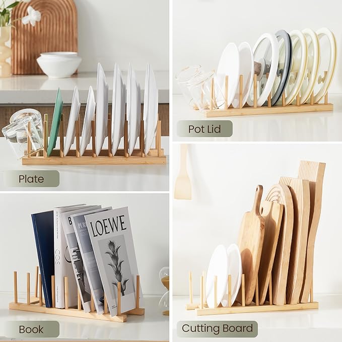 NOVAYEAH Bamboo Wooden Dish Rack-Plate Pot Lid Cutting Board Organizer Holder Rack for Cabinet-Kitchen Cabinet Organizer for Dish, Pots, Lids, Bowls, Bottles, Books, and Puzzle