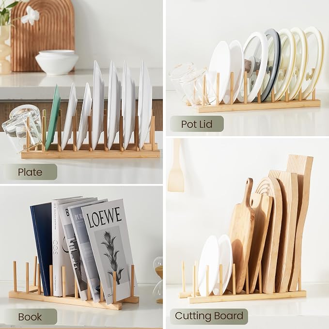 NOVAYEAH 4 Pcs Bamboo Wooden Dish Rack-Plate Pot Lid Cutting Board Organizer Holder Rack for Cabinet-Kitchen Cabinet Organizer for Dish, Pots, Lids, Bowls, Bottles, Books, and Puzzle