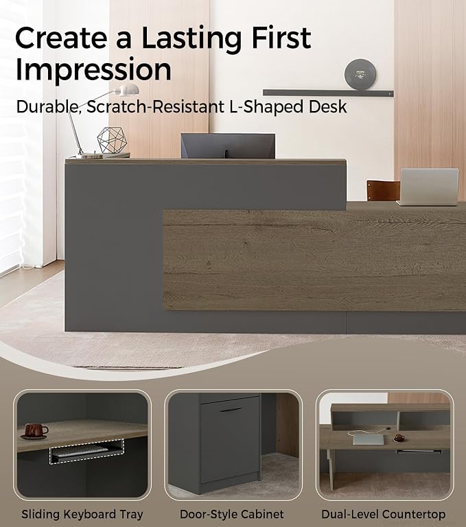 Modern L-Shaped Reception Desk with Counter - 79 Inches Front Desk with Storage Cabinet, Open Shelves, Lockable Drawer & Keyboard Tray for Office, Lobby, Checkout (Tobacco Wood & Iron Gray - Right)