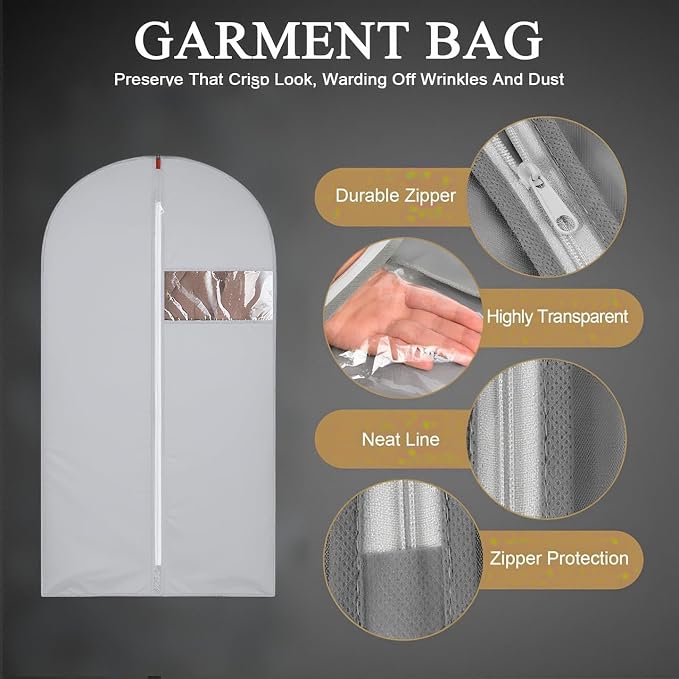55Inch Garment Bags Covers, Gray Hanging Clothes Bag, Suit Cover Bags with Clear Window for Hanging Closet Clothes Storage and Travel (1, Gray, 55 inch)