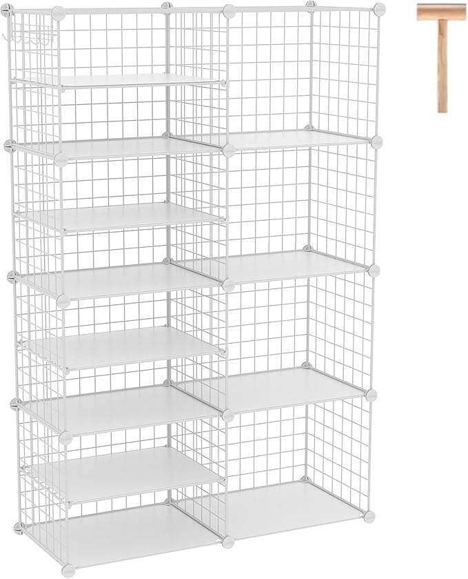 C&AHOME Wire Cube Storage Unit,Interlocking Metal Wire with Divider, White | Modular Cabinet with Plastic Panels Bookshelf Stackable Closet Organizer with Small Hooks