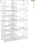 C&AHOME Wire Cube Storage Unit,Interlocking Metal Wire with Divider, White | Modular Cabinet with Plastic Panels Bookshelf Stackable Closet Organizer with Small Hooks