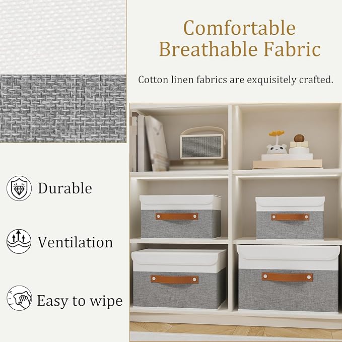 OUTBROS Storage Boxes, Collapsible Storage Bins with Lids, Cotton and linen cloth Storage Baskets with Handle, for Books, Closet, White/Grey, 3 Pack 10.2 x 7.9 x 6.7in