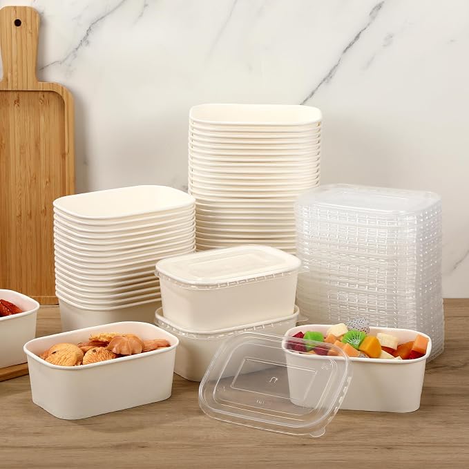 Maxdot 50 Pack 29 oz Disposable Food Containers with Lids Paper Food Containers Bowls for Meal Prep, Salad, Ice Cream, Yogurt, Soup Bowls Party Leftover Box