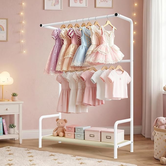 LOVEGRASS Kids Clothing Rack Double Rods for Bedroom Playroom White | Double Rod Design, Powder Coated Steel, Bottom Storage Shelf, for Baby Toddler Clothes, Dress Up, Nursery, Bedroom, Playroom