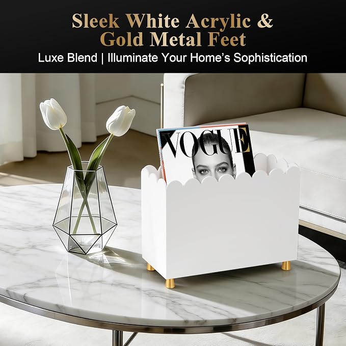 Acrylic Magazine Holder, Magazine Rack Floor,Sleek White Stylish Organizer with Luxe Gold Metal Feet and Wave Edge Design Space Saving Storage for Books Newspapers Office Supplies,Home Office(White)