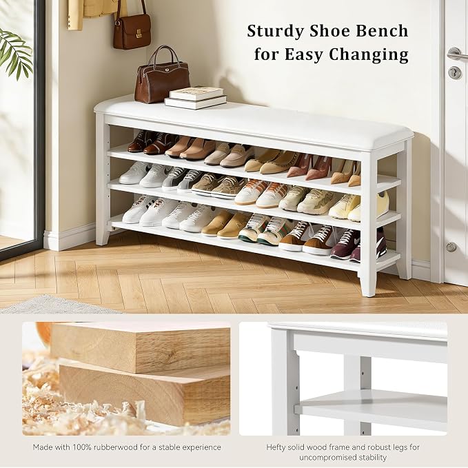 Taitiy Shoe Rack Bench Entryway Storage, Shoe Organizer Bench for Entryway, Ideal for Front Doors Entrances Hallway Mudroom Featuring Rubberwood and 3 Height-Adjustable Removable Shelve