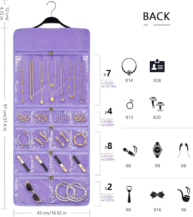 SMRITI Hanging Jewelry Organizer with Dual Zippered Pockets Canvas Double Sided Rotating Hanger Necklace Hanging Wall Organizer Earring Dustproof Holder Wall Mount Accessories Display Bag(Purple)