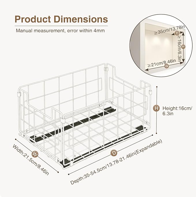 Pull Out Cabinet Sliding Basket Organizer, No Drill, White | Heavy Duty Slide Out Drawer for Kitchen Cabinet, Adhesive Sliding Shelves for Kitchen Bathroom Home, 13.8"D x 8.5"W x 6.3"H