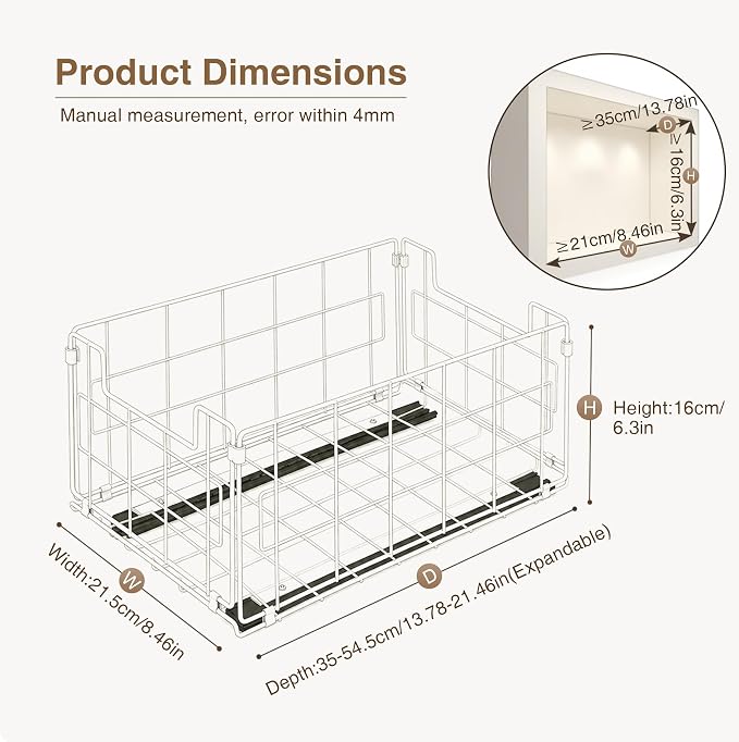 Pull Out Cabinet Sliding Basket Organizer, No Drill, Black | Heavy Duty Slide Out Drawer for Kitchen Cabinet, Adhesive Sliding Shelves for Kitchen Bathroom Home, 13.8"D x 8.5"W x 6.3"H