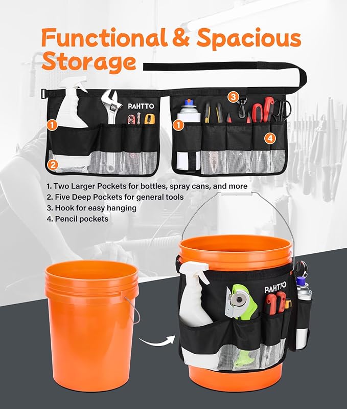 Bucket Tool Organizer, 5 Gallon Garden Bucket Tool Bag with Mesh Pocket | Waterproof Bucket Storage Caddy, Versatile for Car Wash Suppliers, Gardening Tools, Fishing Gear, Fit 3.5 to 5 Gallon Buckets