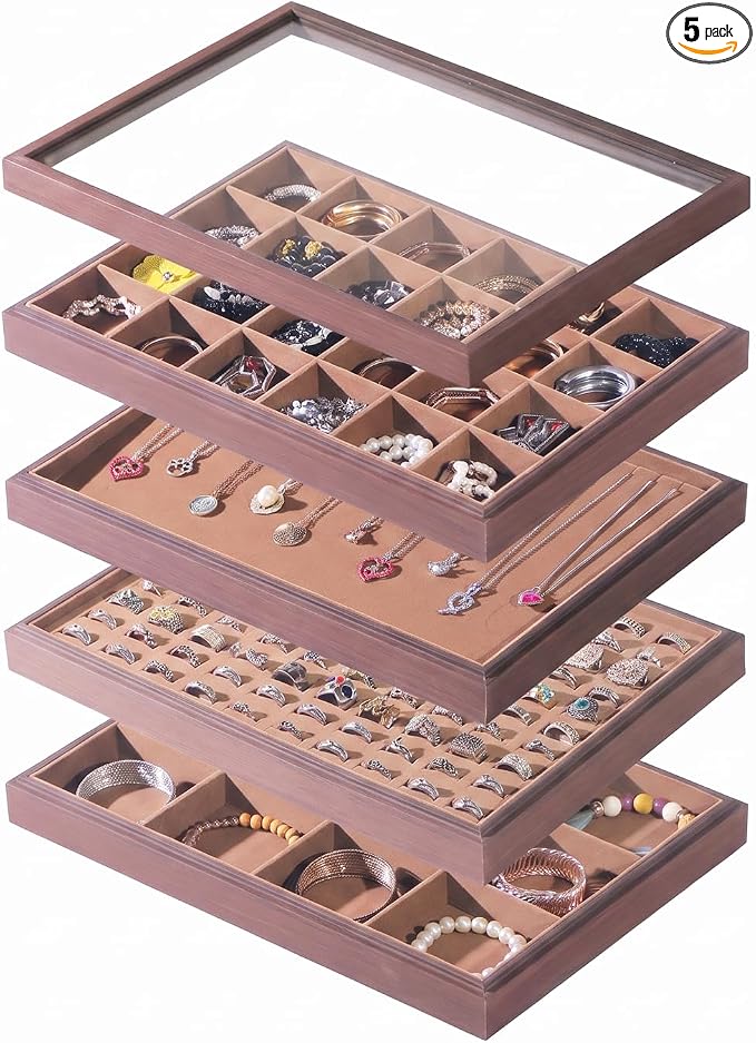Wood Jewelry Organizer Tray, 5-Piece Set (Brown, 5Pc) | 5 Piece Jewelry Organizer Set, Large Capacity Storage, Glass Top Ring Necklace Display, Versatile Tray