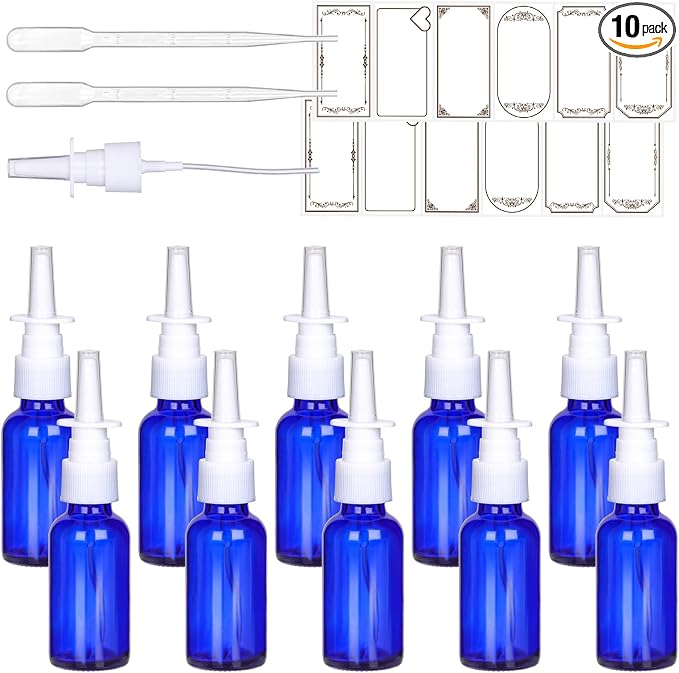 1 oz Empty Nasal Spray Bottles 10 Pack, Blue Glass Refillable Sprayers | Leakproof & Durable for Saline, Essential Oils, Sinus Relief, Allergy Care,Travel,Home Use, Includes Dropper & Labels